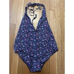 Ulla Johnson One Piece Swimsuit Navy Blue Purple Floral Halter Swim Size M